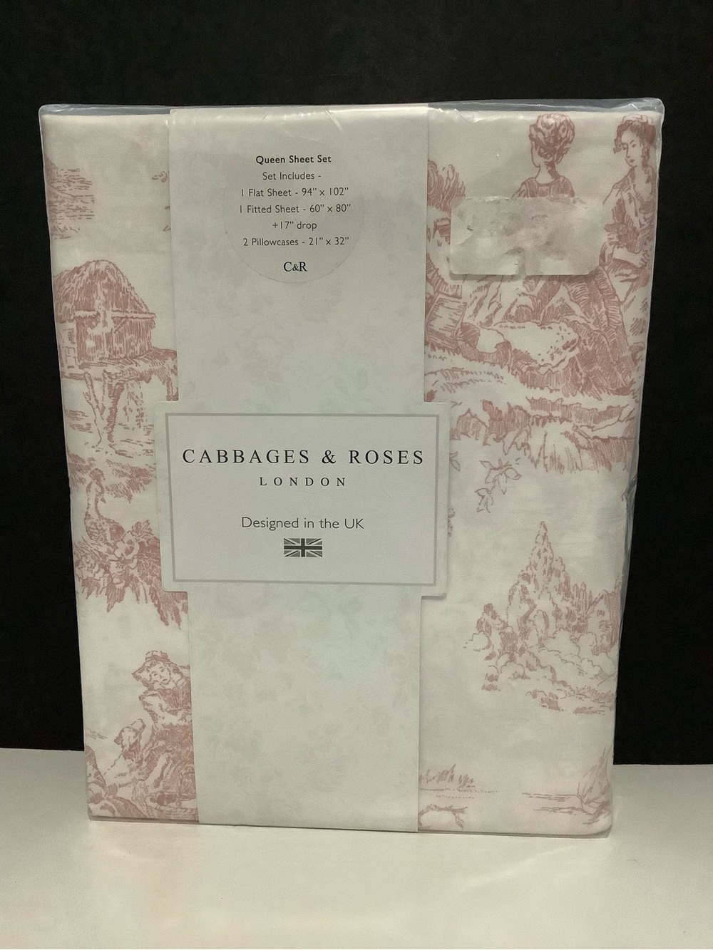 NEW. Cabbages & Roses London Rose Pink Country Toile QUEEN Cotton Sheet Set
